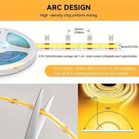 USB LED Strip 5 Meters Warm White 3000K - COB LED Lighting - Self-Adhesive, Flexible &amp; Cuttable