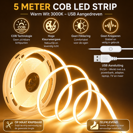 USB LED Strip 5 Meters Warm White 3000K - COB LED Lighting - Self-Adhesive, Flexible &amp; Cuttable