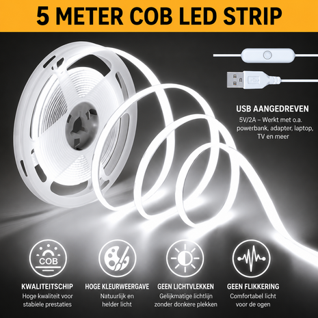 USB LED Strip 5 Meters Cool White 6500K &ndash; COB LED Lighting for Bright and Modern Light