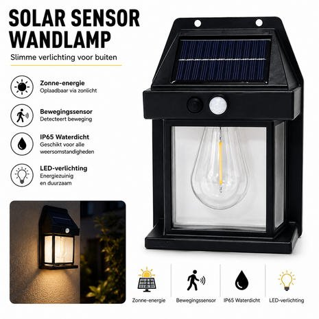 Solar Buitenlamp met bewegingssensor - Wandlamp - Waterdicht - IP65 weerbestendig - Zwart