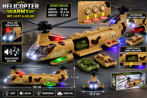Chinook leger helikopter voor kinderen met kleurrijke lichtjes en geluiden