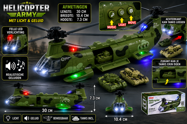Chinook leger helikopter voor kinderen met kleurrijke lichtjes en geluiden