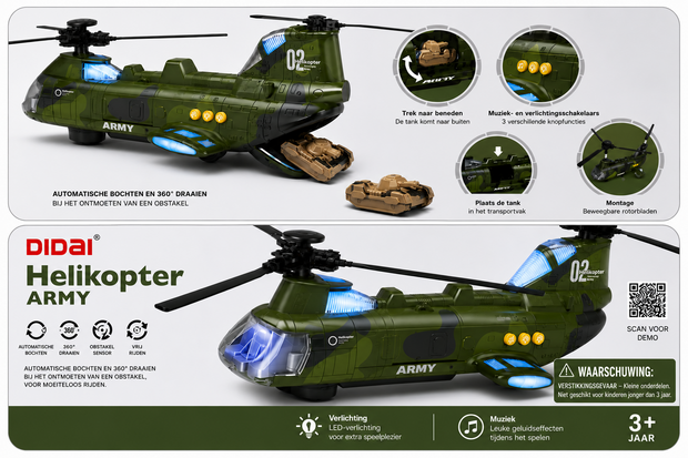 Chinook leger helikopter voor kinderen met kleurrijke lichtjes en geluiden