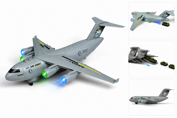 Transport Vliegtuig Militaire met 3 tanks - licht - geluiden - rijden 36CM