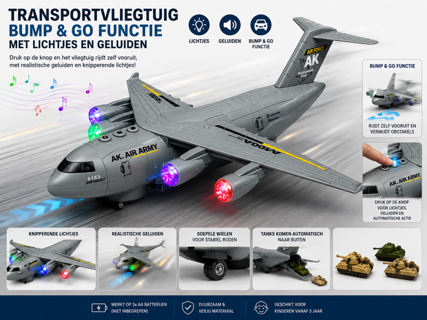 Transport Vliegtuig Militaire met 3 tanks - licht - geluiden - rijden 36CM