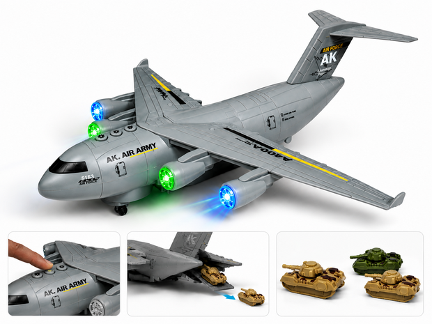 Transport Vliegtuig Militaire met 3 tanks - licht - geluiden - rijden 36CM