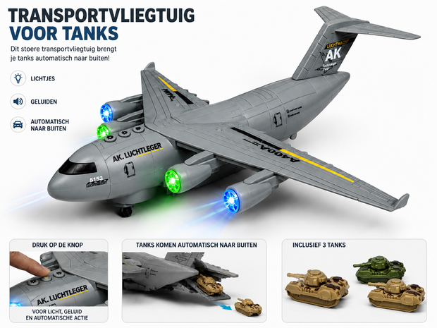 Transport Vliegtuig Militaire met 3 tanks - licht - geluiden - rijden 36CM