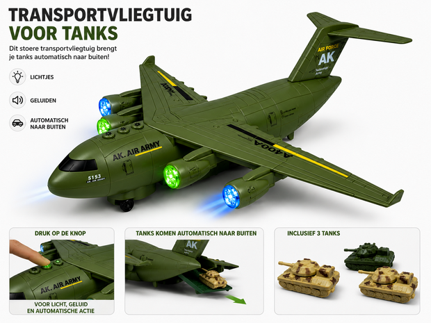 Transport Vliegtuig Militaire met 3 tanks - licht - geluiden - rijden 36CM