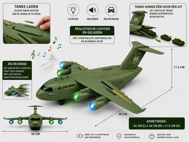 Transport Vliegtuig Militaire met 3 tanks - licht - geluiden - rijden 36CM