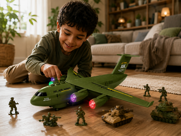 Transport Vliegtuig Militaire met 3 tanks - licht - geluiden - rijden 36CM