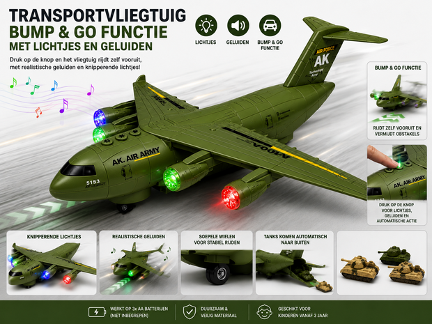 Transport Vliegtuig Militaire met 3 tanks - licht - geluiden - rijden 36CM