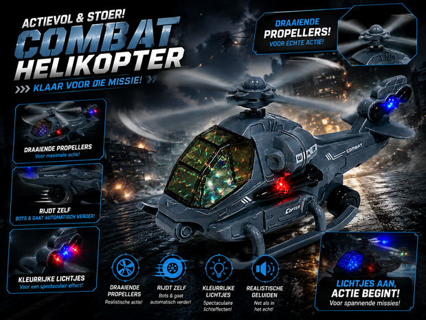 Helikopter - gevechtshelikopter met draaiende propellers - geluid en licht - Bip&amp;Go