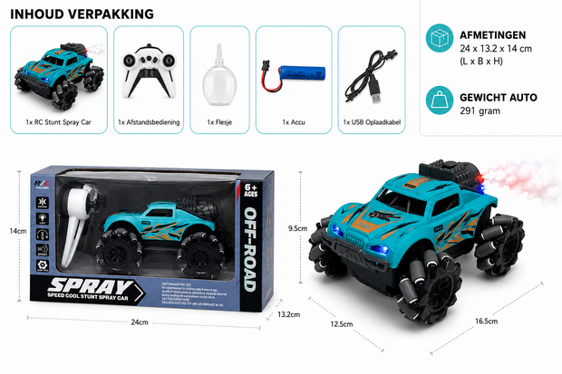 RC Auto Stunt Spray Auto - 6 Kanaal 4WD &ndash; Drift, Zijwaarts Rijden - LED Verlichting &amp; Mist Effect Mix3