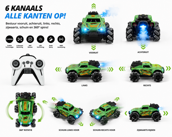RC Auto Stunt Spray Auto - 6 Kanaal 4WD &ndash; Drift, Zijwaarts Rijden - LED Verlichting &amp; Mist Effect Mix3