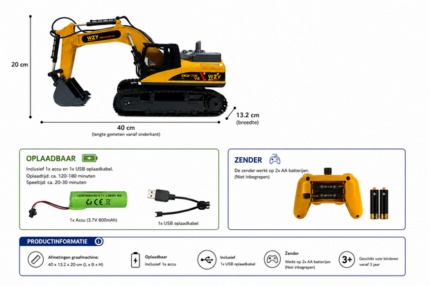 RC Excavator Die-Cast - Afstand bestuurbaar Graafmachine - 12CH - 2.4GHZ - 40CM