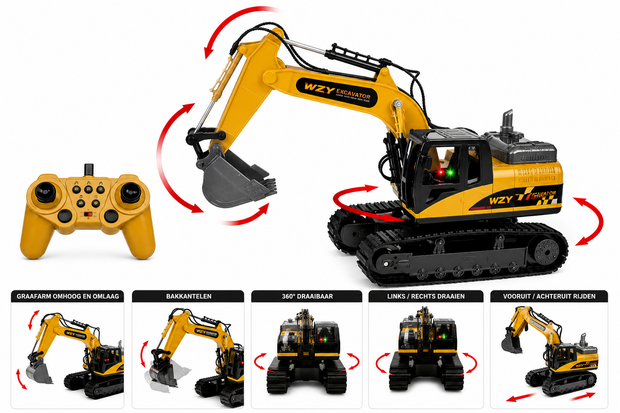 RC Excavator Die-Cast - Afstand bestuurbaar Graafmachine - 12CH - 2.4GHZ - 40CM