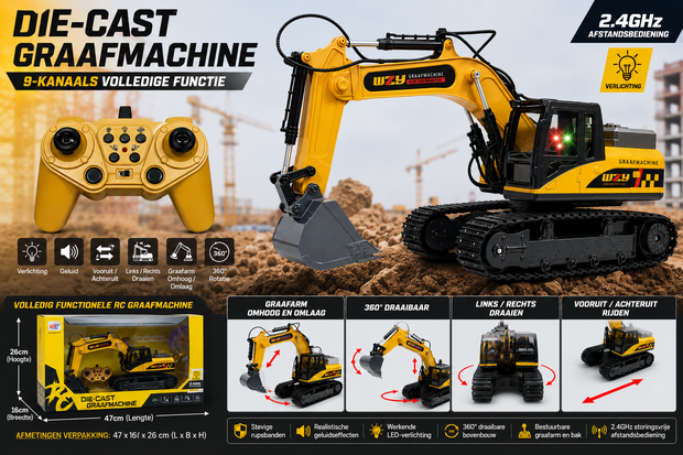 RC Excavator Die-Cast - Afstand bestuurbaar Graafmachine - 12CH - 2.4GHZ - 40CM
