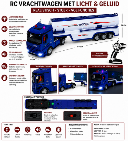 RC Tankwagen Lange Voertuig Vrachtwagen - Op afstand bestuurbare tankwagen met verlichting, geluid en afneembare tankoplegger &ndash; 55 cm XXL
