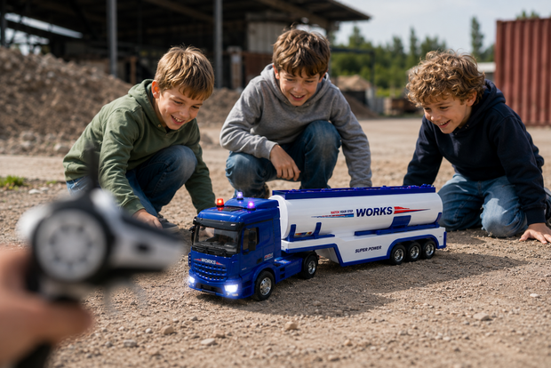 RC Tankwagen Lange Voertuig Vrachtwagen - Op afstand bestuurbare tankwagen met verlichting, geluid en afneembare tankoplegger &ndash; 55 cm XXL