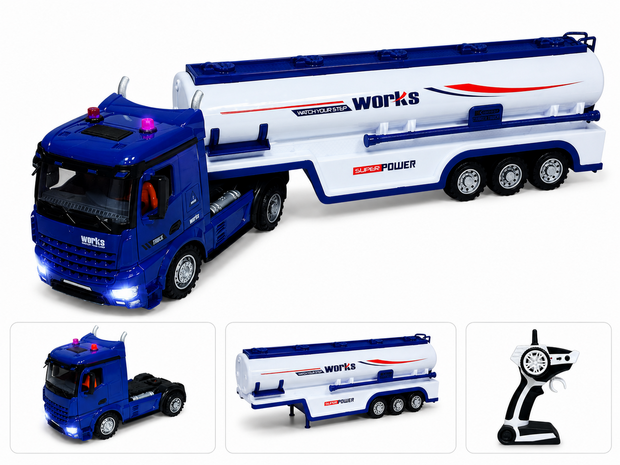 RC Tankwagen Lange Voertuig Vrachtwagen - Op afstand bestuurbare tankwagen met verlichting, geluid en afneembare tankoplegger &ndash; 55 cm XXL