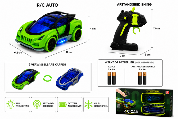 RC Auto zelfbouwpakket - Super doe-het-zelf bouwpakket - Met LED-verlichting, 2 verwisselbare carrosserie&euml;n 
