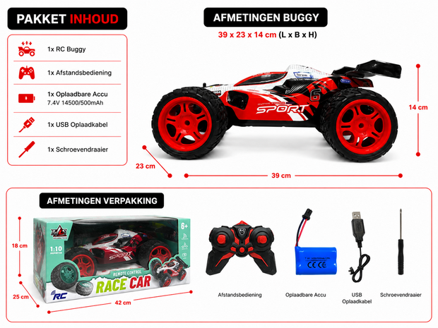 RC Race Buggy - 1:10 - bestuurbare Sportauto - Oplaadbaar - Red Racer mix