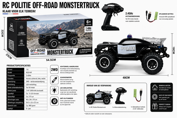 RC Politie Auto - ROCK Crawler - Off-Road - 2.4GHZ - 1:8 - 911 RC Police Car
