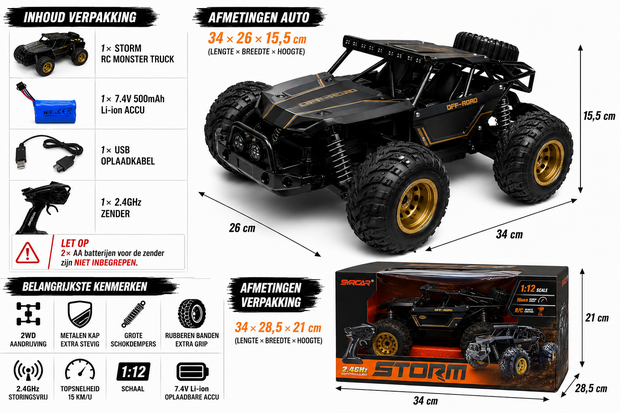 RC Auto Monster Storm - 2.4ghz - 15KM/U - Metal Body - 1:12 SYRCAR&reg; 