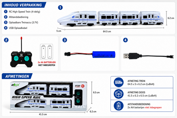 RC Bullet Train - Afstand bestuurbaar trein - met trein geluid en led licht - Oplaadbaar - 4-Delig