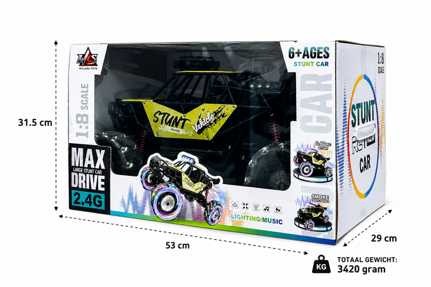 RC Auto MAX DRIVE RC Monstertruck 1/8 XXL met 360&deg; Drift, Rookfunctie, LED - 2.4GHZ - Omni Wielen