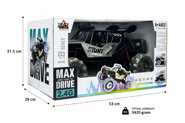 RC Auto MAX DRIVE RC Monstertruck 1/8 XXL met 360&deg; Drift, Rookfunctie, LED - 2.4GHZ - Omni Wielen