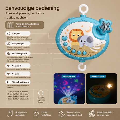 Muzikale Baby Mobiel met Projector, Muziek &amp; 360&deg; Rotatie en Timer IBI-IRN 