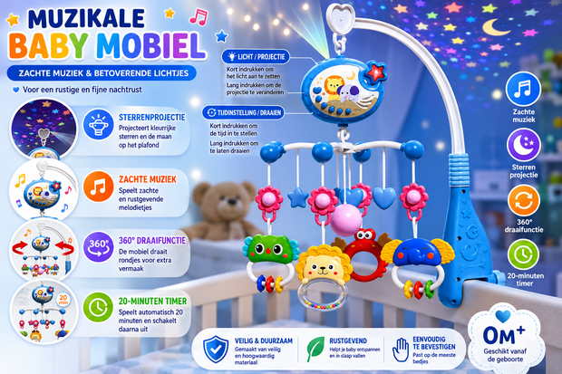 Muzikale Baby Mobiel met Projector, Muziek &amp; 360&deg; Rotatie en Timer IBI-IRN 