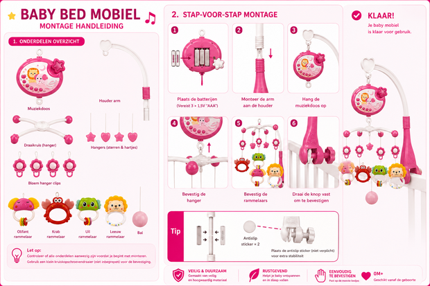 Muzikale Baby Mobiel met Projector, Muziek &amp; 360&deg; Rotatie en Timer IBI-IRN Roze