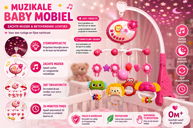 Muzikale Baby Mobiel met Projector, Muziek &amp; 360&deg; Rotatie en Timer IBI-IRN Roze