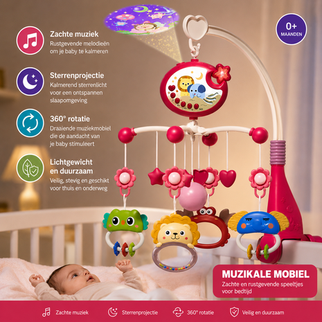 Muzikale Baby Mobiel met Projector, Muziek &amp; 360&deg; Rotatie en Timer IBI-IRN Roze