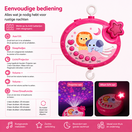 Muzikale Baby Mobiel met Projector, Muziek &amp; 360&deg; Rotatie en Timer IBI-IRN Roze