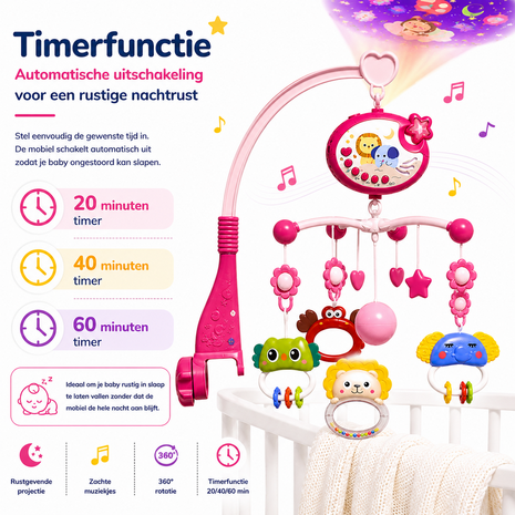 Muzikale Baby Mobiel met Projector, Muziek &amp; 360&deg; Rotatie en Timer IBI-IRN Roze