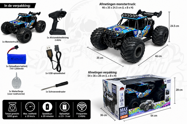 RC Monster Truck 1:8 met LED Verlichting, Rookspray &amp; 2.4GHz 46 cm