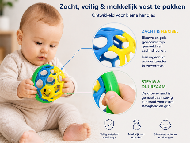 Oball Rammelaar Baby &ndash; Zachte Siliconen Grip Bal met Rammel Geluid &ndash; Vanaf 3+