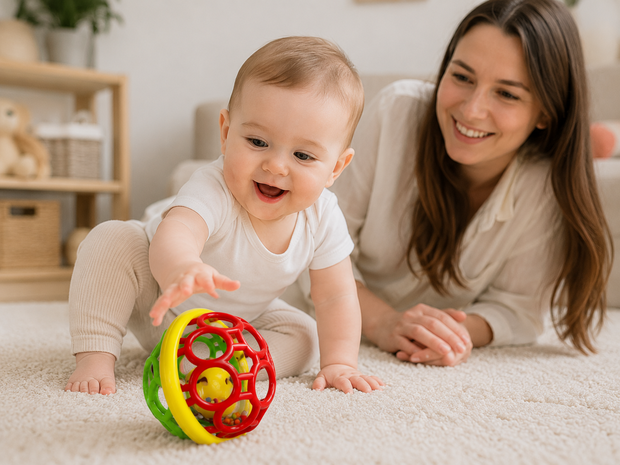 Oball Rammelaar Baby &ndash; Zachte Siliconen Grip Bal met Rammel Geluid &ndash; Vanaf 3+