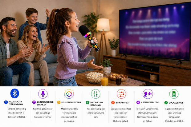 Kinderen Karaoke Microfoon met Speaker, LED Verlichting - Bluetooth - Voice Changer &amp; Oplaadbaar