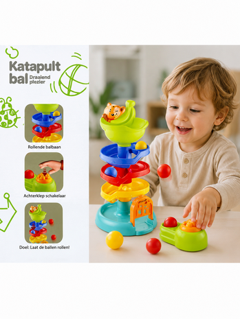 Katapult-knikkerbaan &ndash; met lanceerder en 3 ballen &ndash; educatief speelgoed voor peuters vanaf 18 maanden