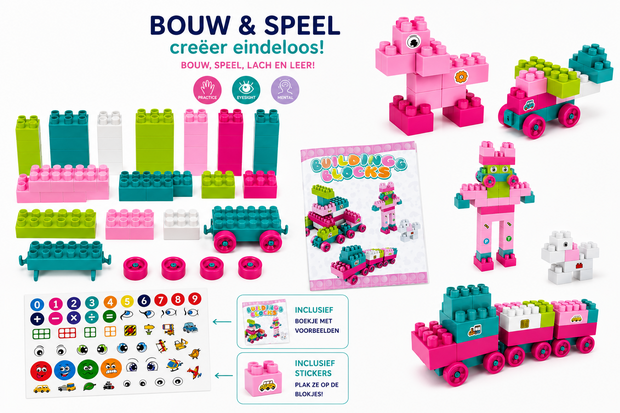 Bouwblokken met Rugtasje &ndash; Inclusief Voorbeeldenboekje &amp; Stickers &ndash; Bouwset voor Kinderen