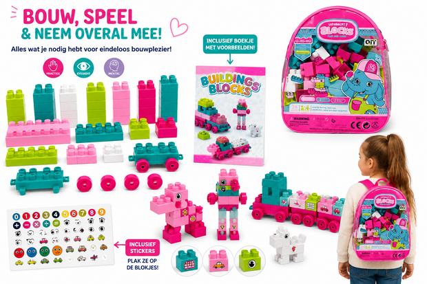 Bouwblokken met Rugtasje &ndash; Inclusief Voorbeeldenboekje &amp; Stickers &ndash; Bouwset voor Kinderen