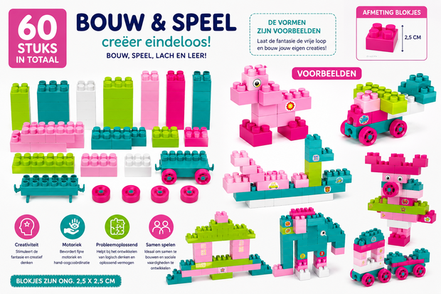 Bouwblokken met Rugtasje &ndash; Inclusief Voorbeeldenboekje &amp; Stickers &ndash; Bouwset voor Kinderen