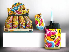 Jet Flame aanstekers - turbo vlam - 20 stuks in display - 360° Happy Smiley print - soft touch