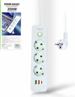 Stekkerdoos met 3 Stopcontacten, 2 USB-poorten + 1 USB-C - 2500W - 2 Meter - Wit - Lucky Hawk